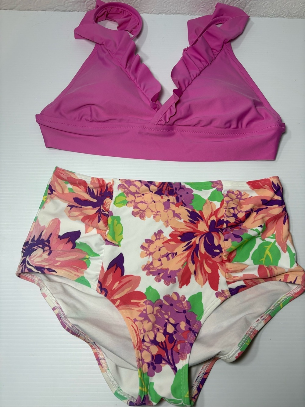 aerie Pink Ruffle Bikini Top with Floral High-Waist Bottoms